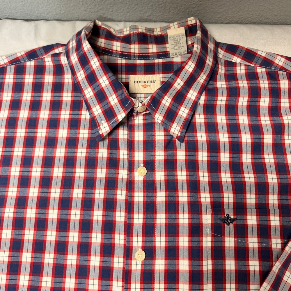 Dockers Mens Academia Plaid Long‎ Sleeve Button Down Shirt Red Blue White XXL